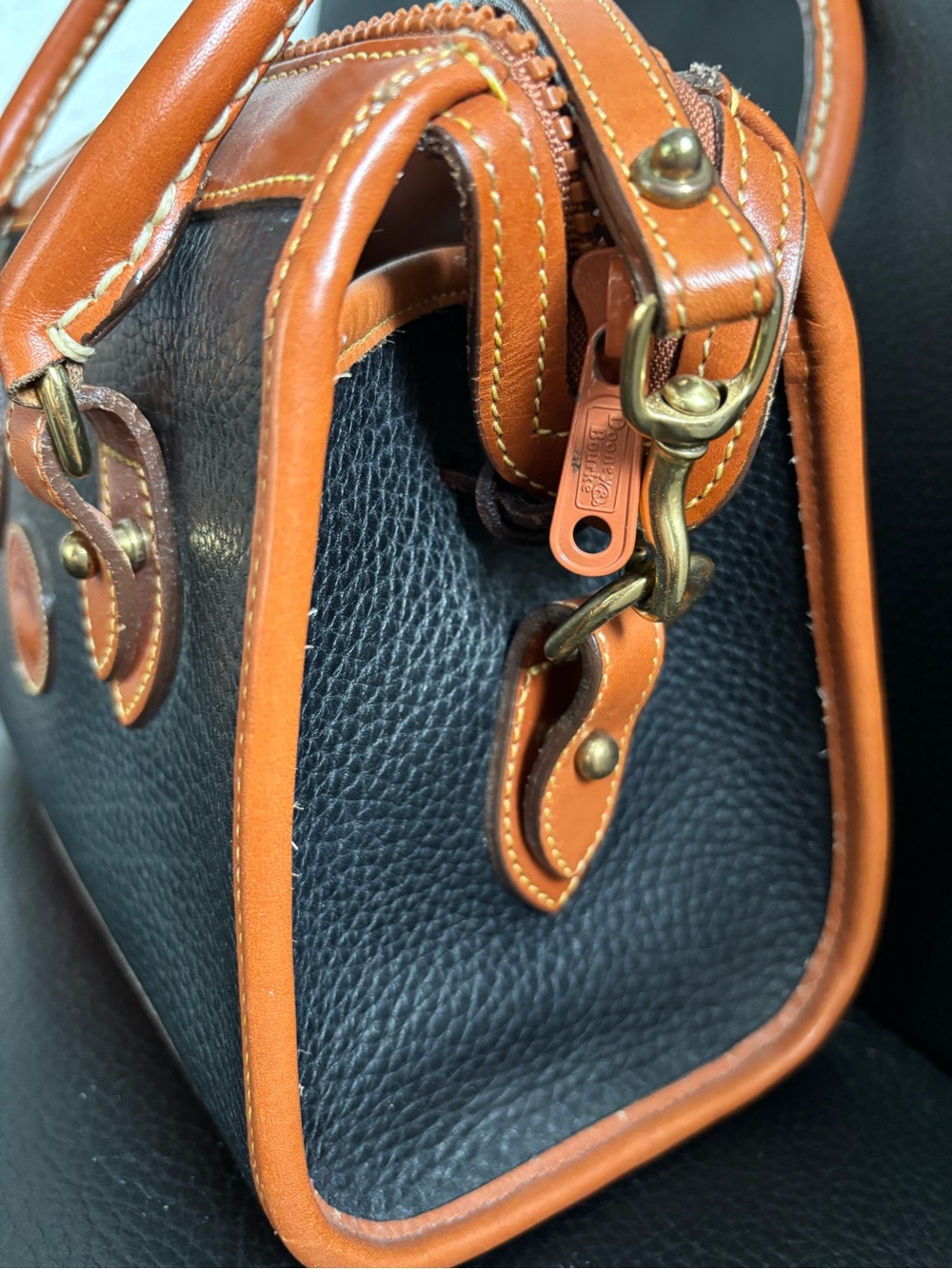 Dooney & Bourke Black with Brown Trim Pebbled Leather Satchel - Picture 2 of 13